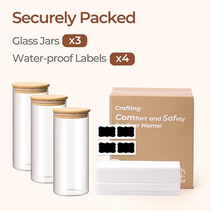 ComSaf 1.7 Qt Glass Storage Containers with Lids, Glass Jars with Lids, Clear Food Storage Jar, Round Canister Set of 3, Pantry Organizers for Pasta Flour Cookie Rice Tea Coffee Bean
