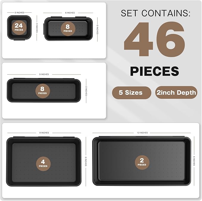 A-LuGei【 & 5 Size Tool Box Organizer Tray Divider Set, 【Black】 Bathroom Drawer Organizer Bin, Garage Organization and Storage Toolbox Rolling Tool Chest Cart Cabinet WorkBench Small Part
