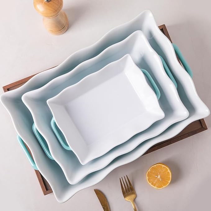 Sweejar Casserole Dishes for Oven, Ceramic Bakeware Set of 3, Rectangular Baking dish with Handles, Wave Edge Lasagna Pan Deep for Cooking, Cake, Dinner, Banquet and Daily Use (Navy)