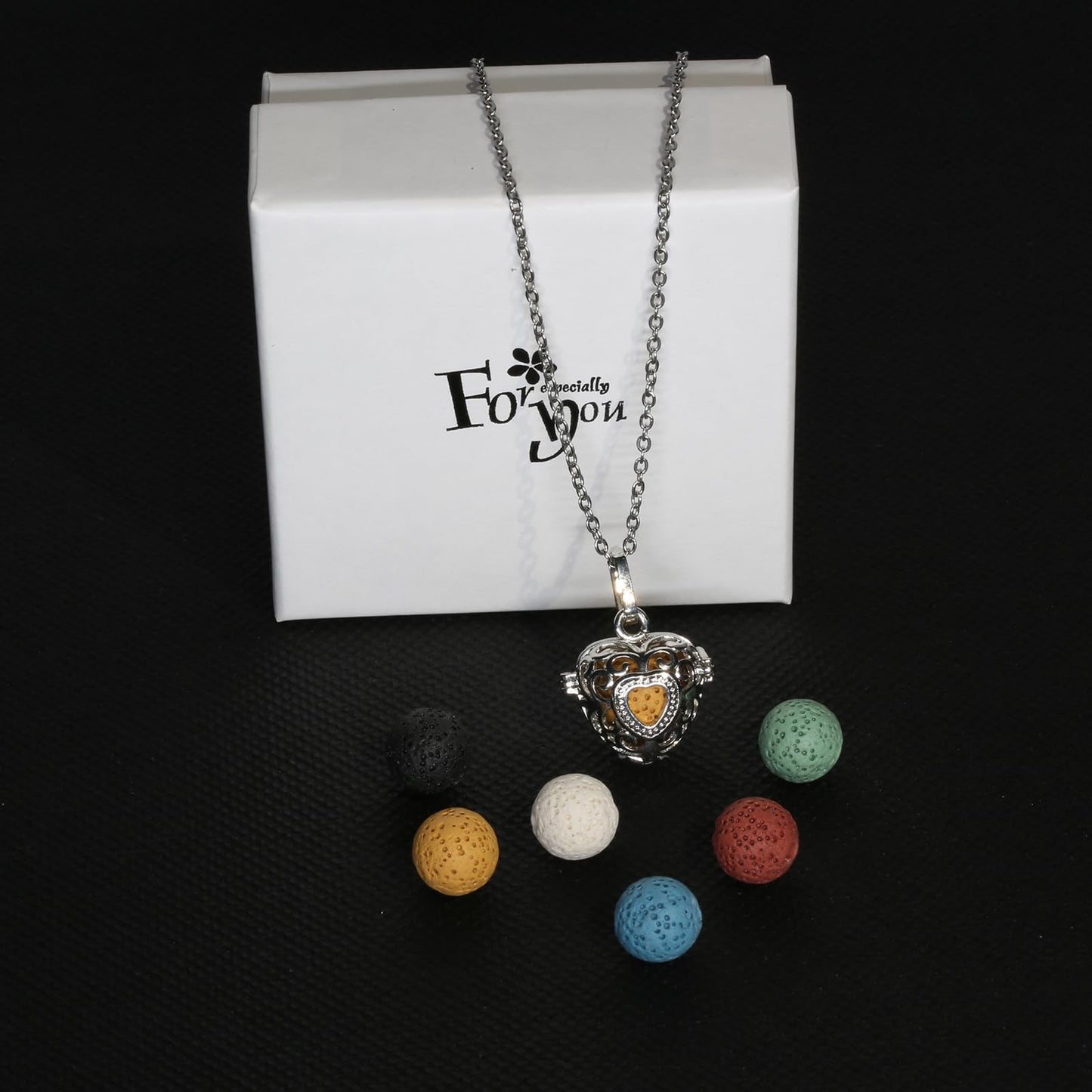2PCS Essential Oil Diffuser Necklace Aromatherapy Lava Bead Stone Little Love Heart and Hollow Ball Locket Necklace Pendant with for Women
