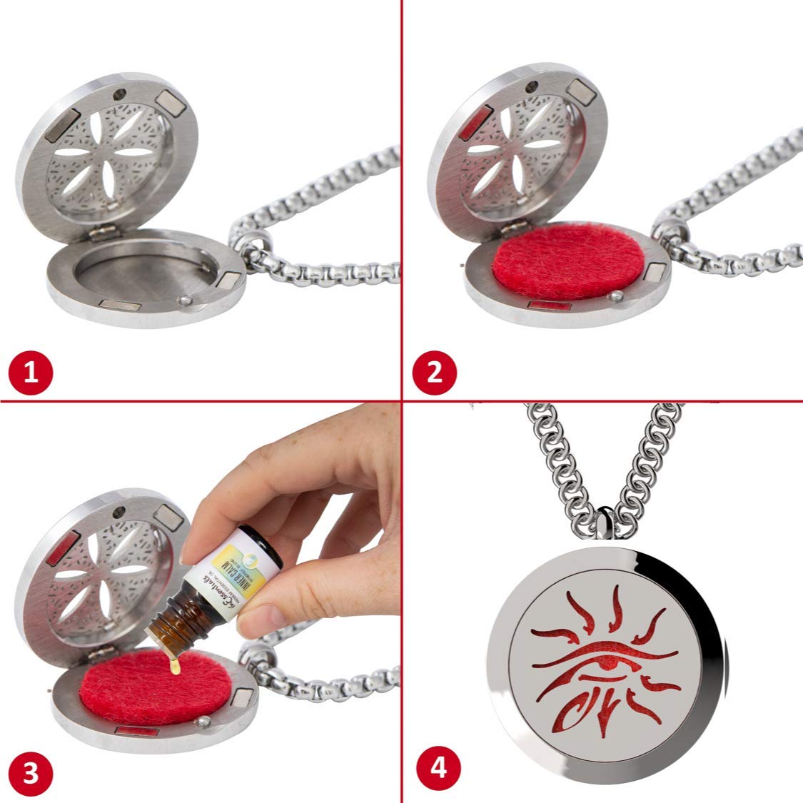 Wild Essentials Wisdom Eye Essential Oil Diffuser Necklace, Stainless Steel Locket Pendant with 24 inch Chain, 12 Color Refill Pads, Customizable Color Changing Perfume Jewelry for Aromatherapy