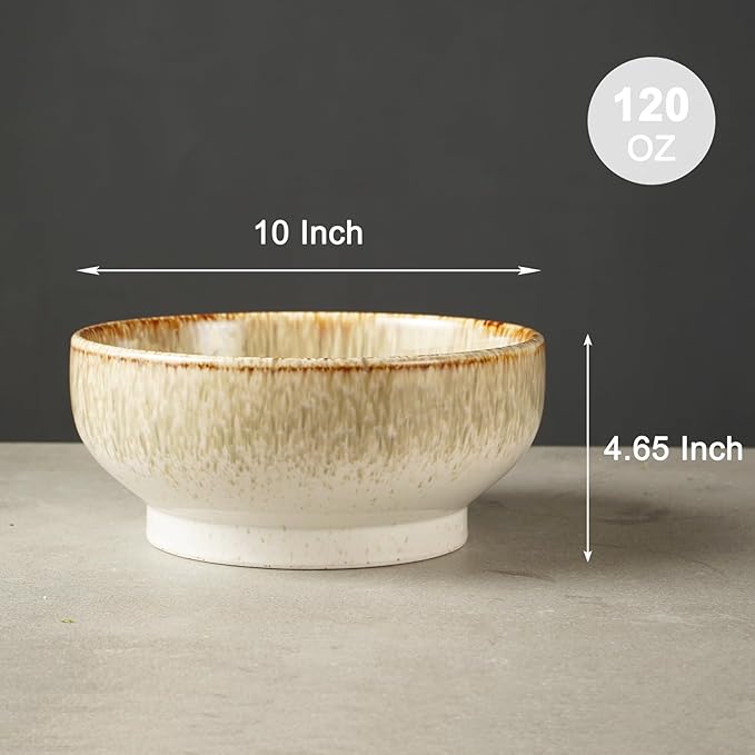 Extra Large Salad Bowl,Decorative Fruit Bowl,Kitchen Ceramic Bowl for Fruit & Salad,120 oz Footed Serving Bowl for Entertaining (tan color)
