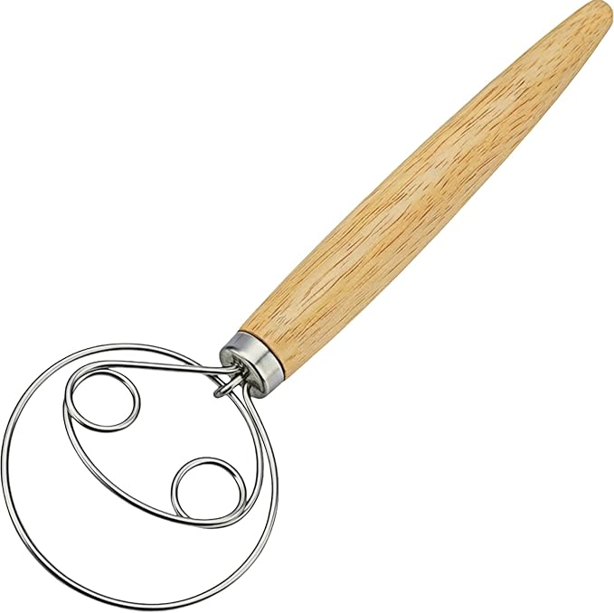 Danish Dough Whisk Stainless Steel Wooden Handle for Sourdough Bread Pizza and Pastry Making