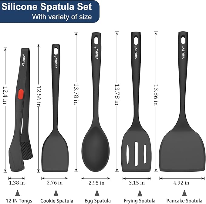 Silicone Spatula Turner, 600°F Heat Resistant Spatulas for Cooking, BPA Free, Flexible Rubber Kitchen Utensils Set Flipper for Eggs, Pancakes, Fish, Burgers, Dishwasher Safe (5 Pack, Black)
