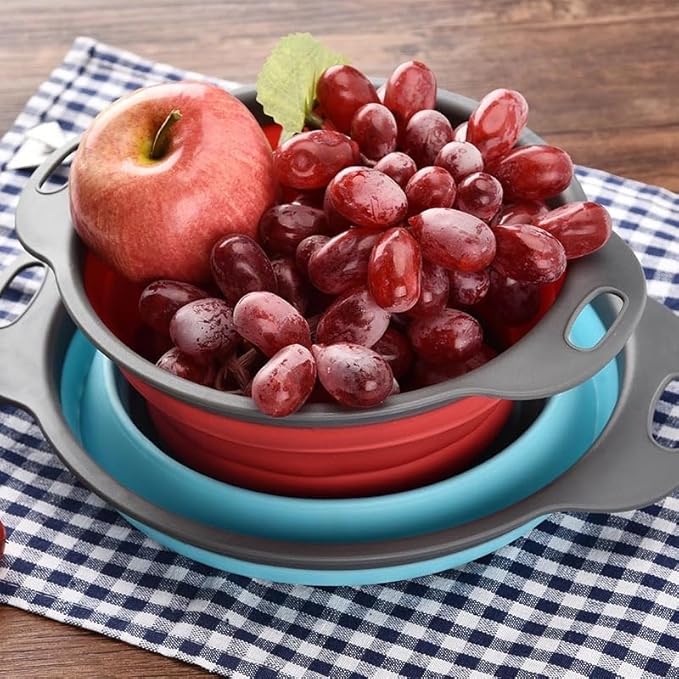 New and improved- Set of 3 Niklye Ultimate Kitchen Strainers—1×10” & 2×12” Collapsible Silicone Colanders. Now more durable and robust for everyday use with pasta, veggies, fruit & more.