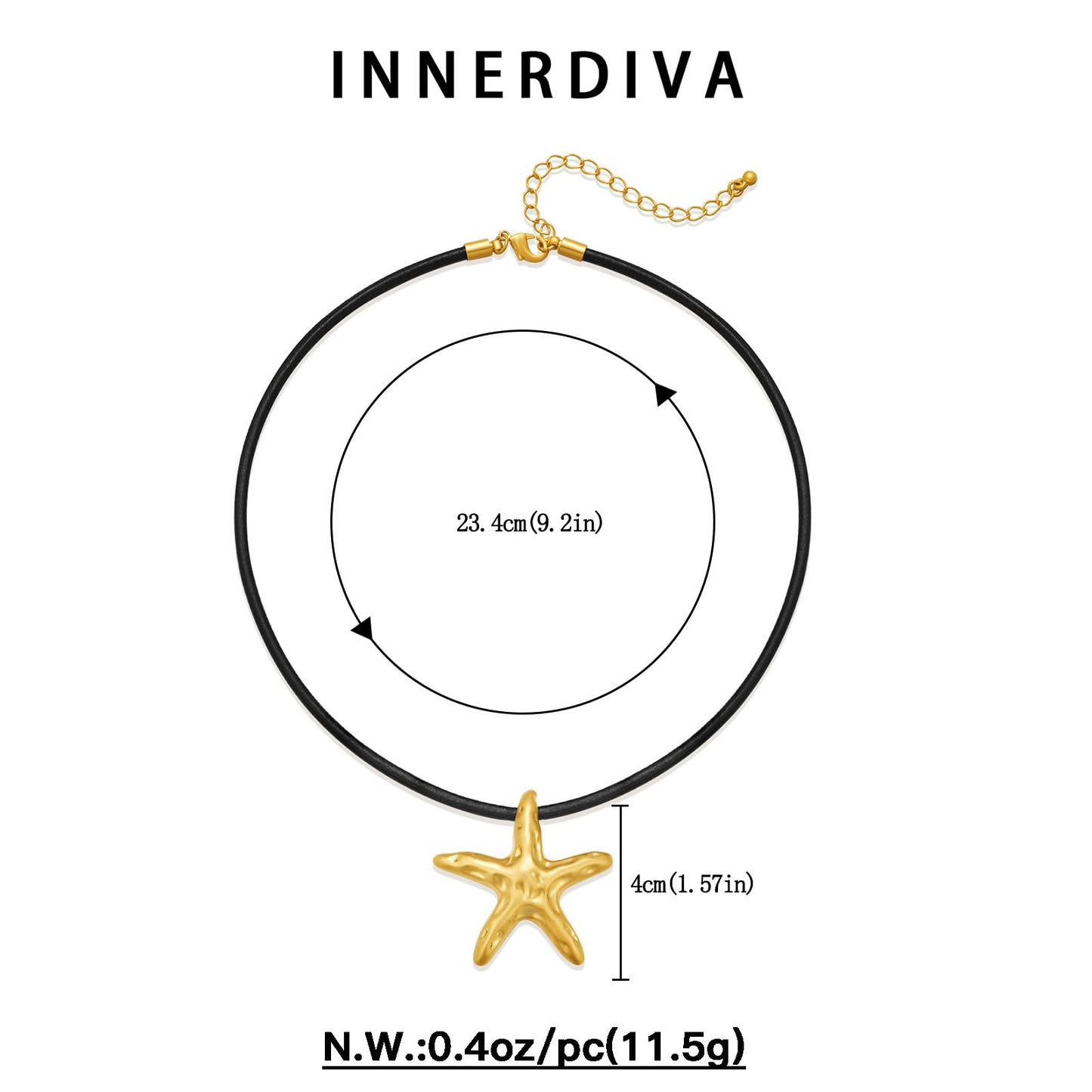 INNERDIVA Starfish Necklace with Black Leather Cord, Gold Ocean Starfish Pendant Necklace Eco-Friendly Beach Jewelry for Women Summer Boho Statement