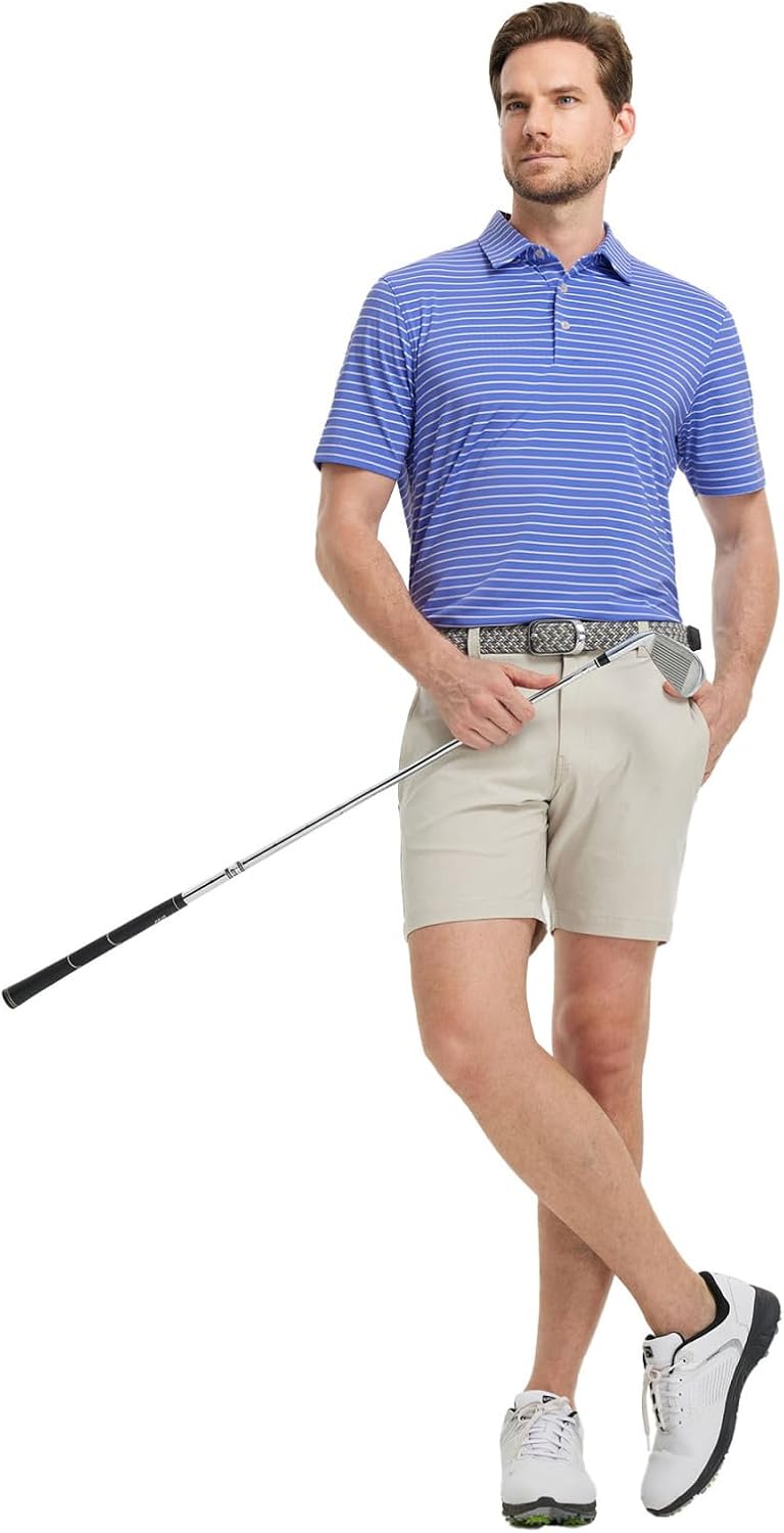 M MAELREG Golf Shirts for Men Moisture Wicking Striped Polo Performance Dry Fit Business Sports Mens Polo Shirts Short Sleeve