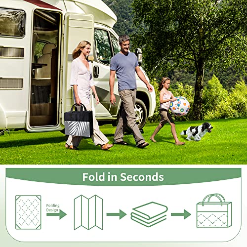 GENIMO Outdoor Rug 6' x 9' Waterproof for Patios Clearance, Reversible Outdoor Plastic Straw Camping Rug Carpet with LED String Light, Area Rugs Mats for RV, Camper, Deck, Balcony, Porch, Grey&White