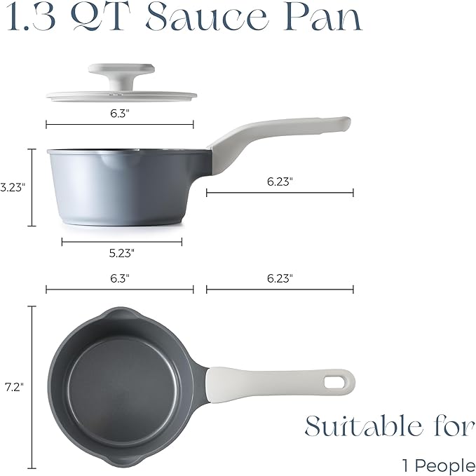 PRICUSIS Ceramic Nonstick Saucepan with Lid, 1.3 Quart Non Toxic Pot with Pour Spouts, Full Coated, 100% Dishwasher Safe, Induction Compatible & Oven Safe, PTFE PFAS & PFOA Free, Grey