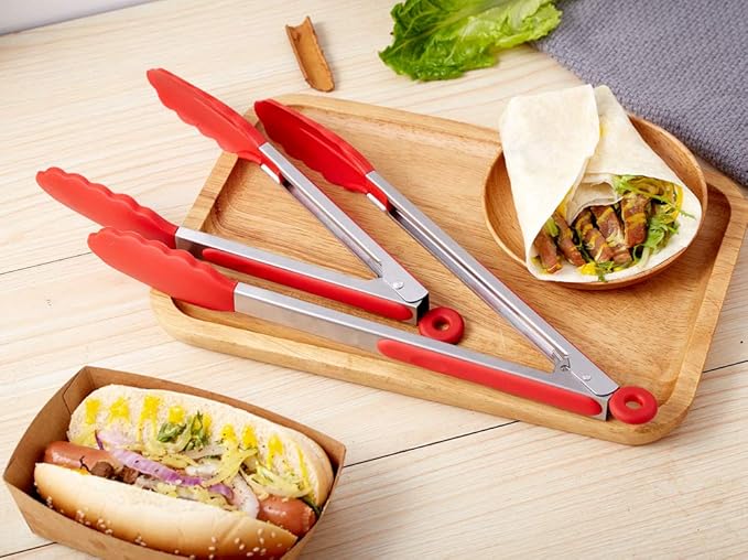 Kitchen Tongs Set of 2 – 9 inch & 12 inch – Stainless Steel Food Tongs with Silicone Tips – Premium Locking Non-stick Tongs for Cooking, BBQ, Grilling, Salad - Heavy Duty, BPA Free(Red)