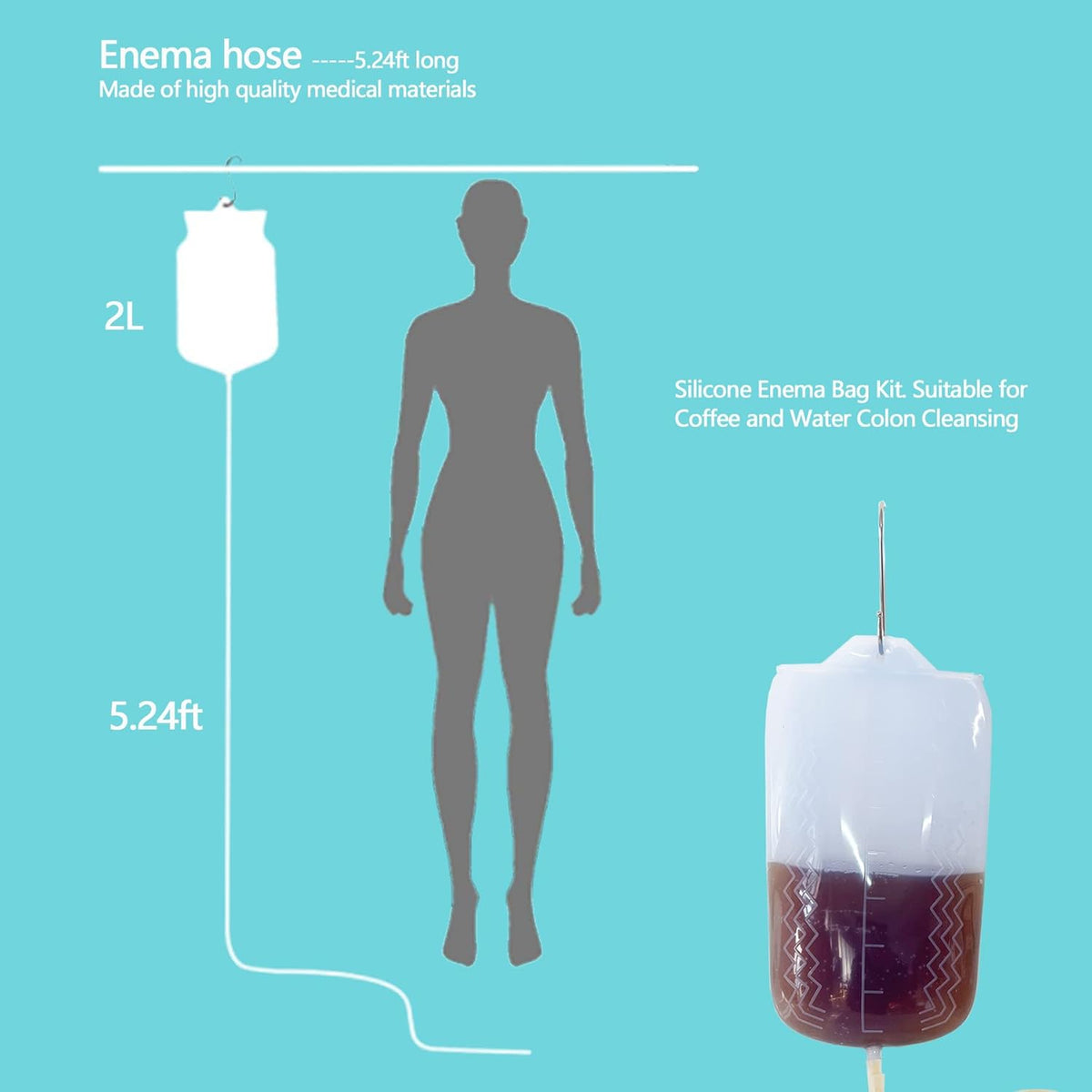 Silicone Enema Kit 2 L Enema Bag 6.3ft. Long Silicone Hose 3 Multi-Size Reusable Tips Controlled Water Flow for Colon Detox Cleanse Enemas