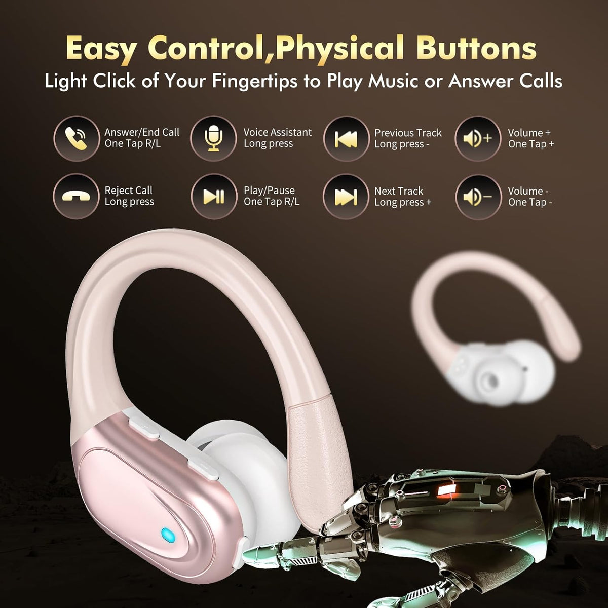 Wireless Earbuds, Sports Bluetooth Headphones, 80Hrs Playtime Ear Buds with LED Power Display, Noise Canceling Headset, IPX7 Waterproof Earphones for Workout/Running (Rose Gold)