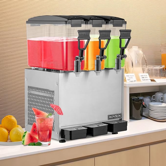ROVSUN Commercial Beverage Dispenser 7.8 Gal/30L, Commercial Juice Dispenser Cold Drink Dispenser 10L X 3 Tanks Stainless Steel with Thermostat Controller for Home Restaurant Bar Party 110V/60HZ