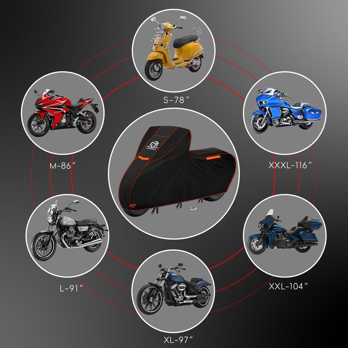 Motorcycle Cover | Heavy Duty PVC | Soft Inner Cotton | Waterproof Outdoor | All Season Universal | 4 Reflective Strips | 3 Windproof Straps | 1 Lock Hole | 1 Storage Bag | (Black, XL, 97")