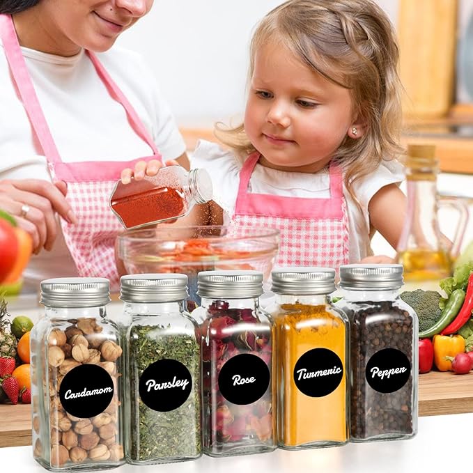 16 Pack 6 oz Glass Spice Jars with 80 Black Labels,180ml Empty Square Spice Containers Seasoning Bottles with Silver Caps and Shaker Lids for Kitchen Storage(Chalk Marker,Funnel and Brush include)