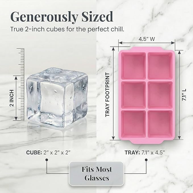 KitchFort Large Silicone Ice Cube Tray (2-Pack), Easy Release 2" Big Ice Cubes - Cocktail, Whiskey Ice Cubes Mold - Ice Trays for Freezer with Lid - Stackable Silicone Ice Tray - Pink