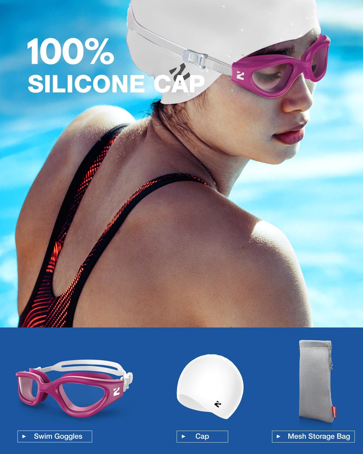 ZIONOR G1 Lite Swim Goggles with Swim Cap Comfortable Anti-fog Swimming Goggles Cap Set for Adult Men Women