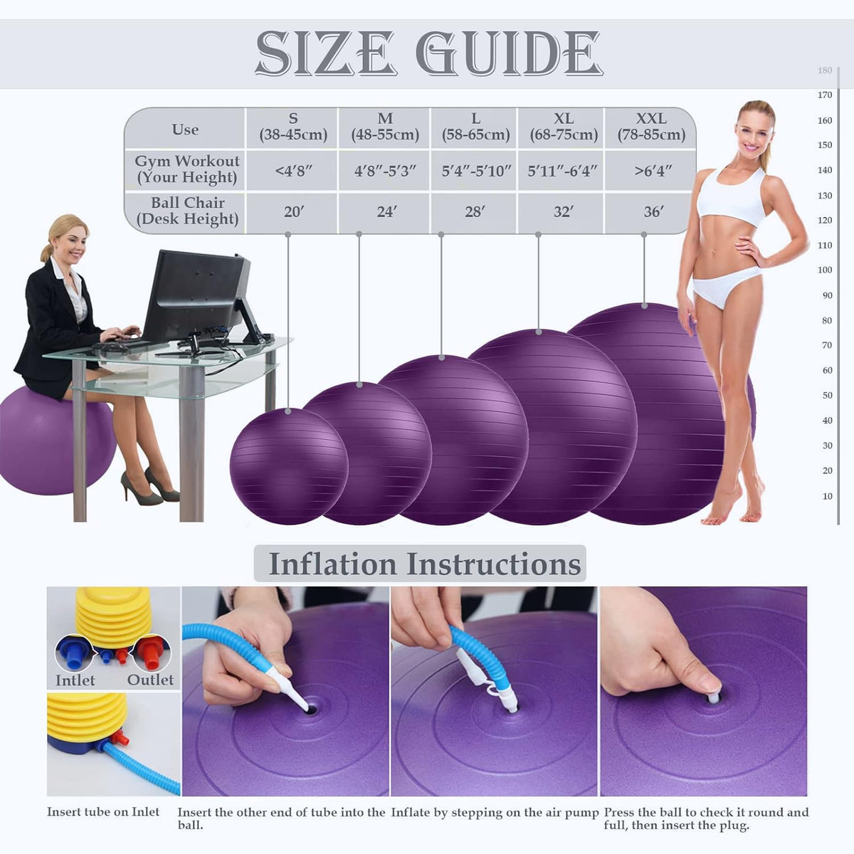 Soft Exercise Ball, Anti-Burst Yoga Ball Chair Supports 2200lbs, Stability Swiss Ball w/Pump for Pregnancy Birthing, Excersize, Workout, Fitness, Balance, Gym, Physio, Abs (Office & Home & School)