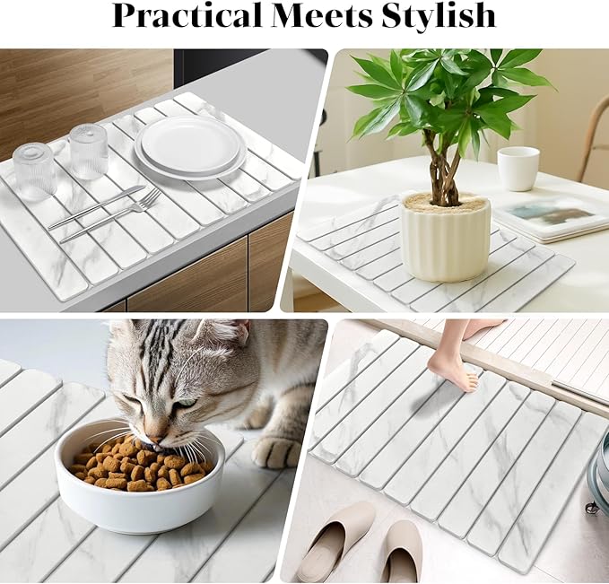 Stone Dish Drying Mats for Kitchen Counter, 24"(L)×16"(W) Marble-Pattern, Collapsible Quick Drying Dish Mats, Ultra Absorbent Diatomaceous Earth Mats for Dishes , Match Any Countertop