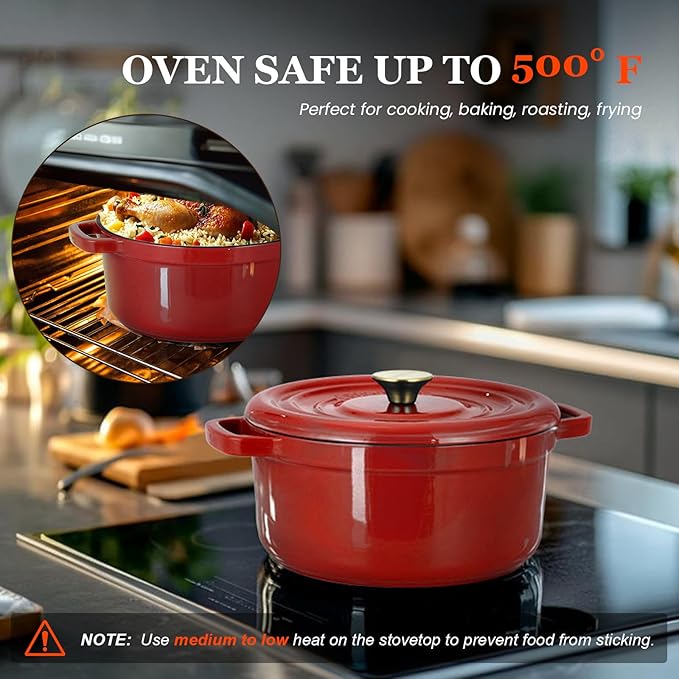 Overmont Enameled Cast Iron Dutch Oven - 5QT Pot with Lid Cookbook & Cotton Potholders - Heavy-Duty Cookware for Braising, Stews, Roasting, Sourdough Baking red