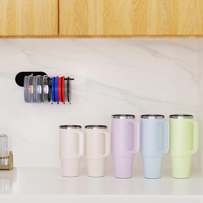 2 Pack Tumbler Lid Organizer, Space Saving Cup Lid Organizer for Yeti/Stanley/Simple Modern Tumbler Lids, Self-Adhesive or Drilling Tumbler Lid Hook for Kitchen Organizers and Storage