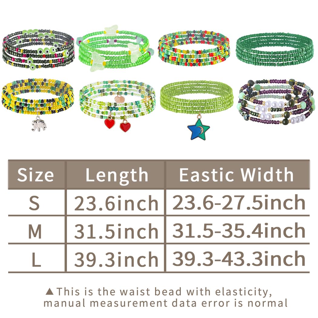 ELABEST 24-39inch African Waist Beads for Women 8Pcs Elastic Belly Beads Colorful Beaded Waist Jewelry Accessories Body Chain (Green, 23.6inch/60cm)