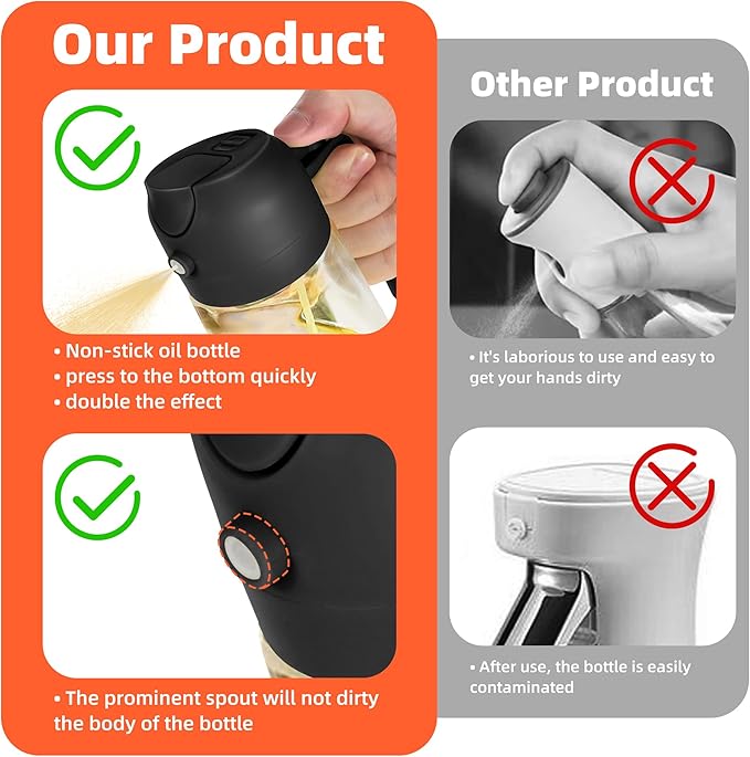TrendPlain 16oz/470ml Glass Olive Oil Sprayer for Cooking – 2 in 1 Olive Oil Dispenser Bottle for Kitchen Gadgets and Air Fryer Accessories, Salad, BBQ - Black & Ash