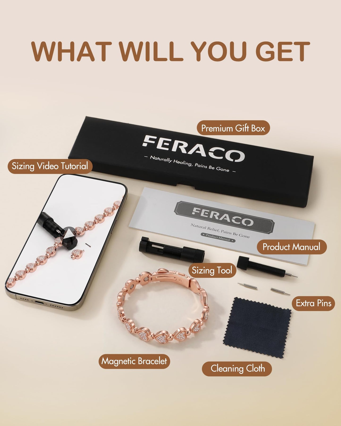 Feraco Pure Copper Bracelets for Women, Ultra Strength Magnetic Bracelet for Women with 3800 Gauss Magnet & Dazzling Austrian Crystals Stone, Heart-Shaped (Rose Gold, 7.68 inches (19.5cm))