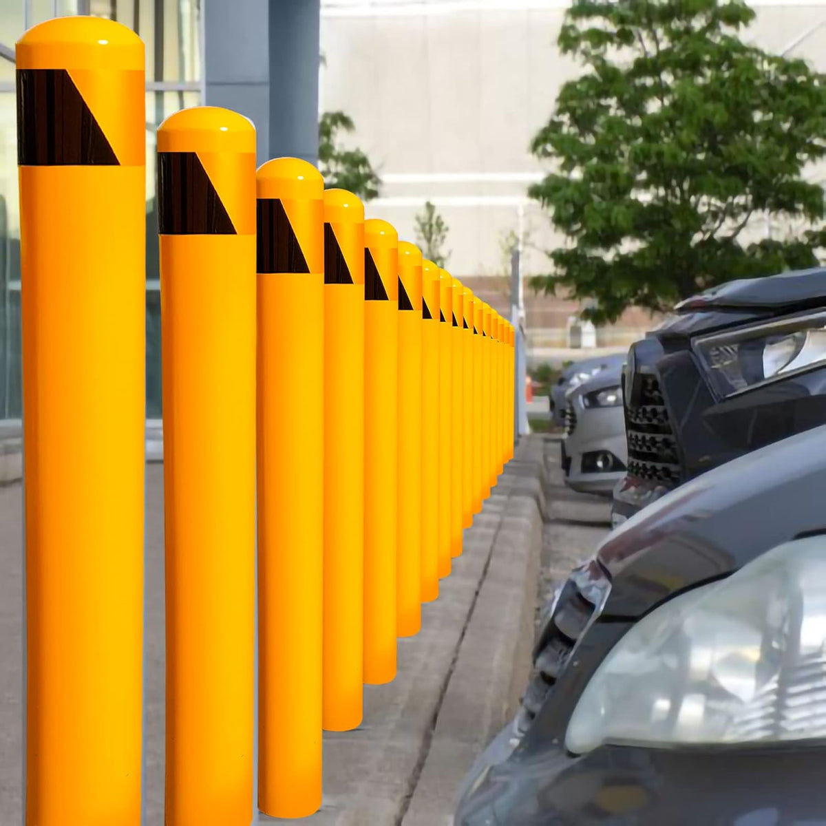 58" Pour in Place Steel Bollard Post, 4-1/2" OD Safety Bollard Yellow Powder Coat, Metal Bollard Parking, Driveway Barrier