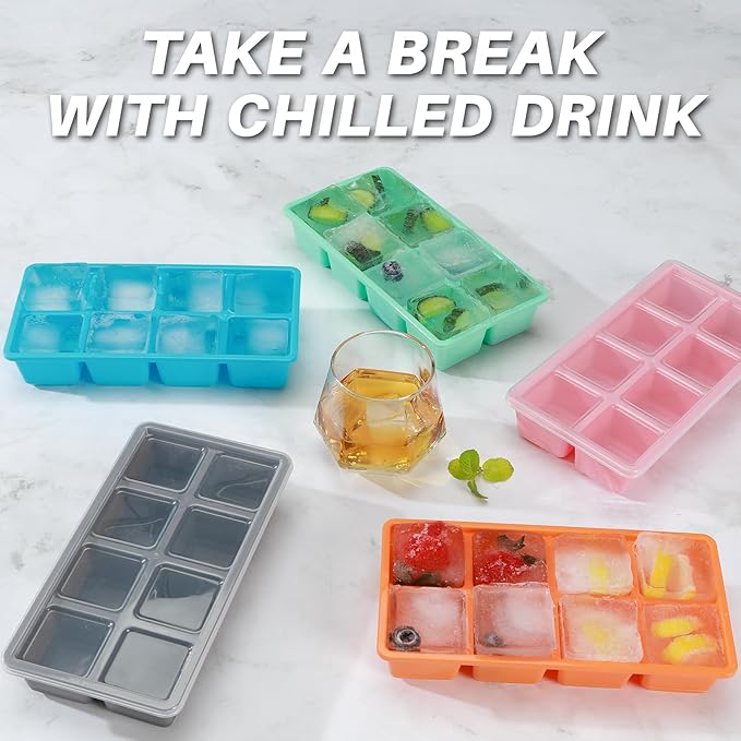 Large Ice Cube Trays with Lid, Jrisbo 2 Pack Stackable Silicone Ice Cube Molds for Freezer, Easy Release 16 Big Square Ice Trays for Whisky Cocktails (Pure Blue)