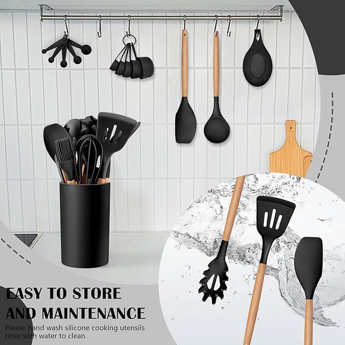 HaWare Kitchen Cooking Utensils Set, 23-Piece Silicone Kitchen Utensils Spatula Set with Holder, Heat Resistant Wooden Handle Kitchen Gadget for Nonstick Cookware, Food-grade Turner Spoon Sets (Black)