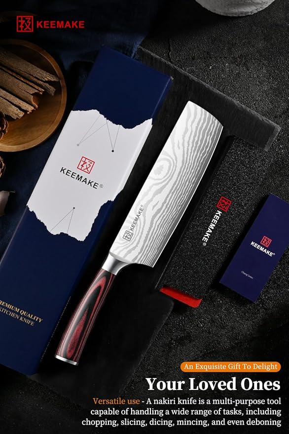 KEEMAKE Nakiri Knife Meat Cleaver: 7 Inch Razor Sharp Chef Kitchen Knife for Cutting Vegetable Cooking Knives - Multipurpose High Carbon Stainless Steel with Pakkawood Handle, Gift box and Sheath