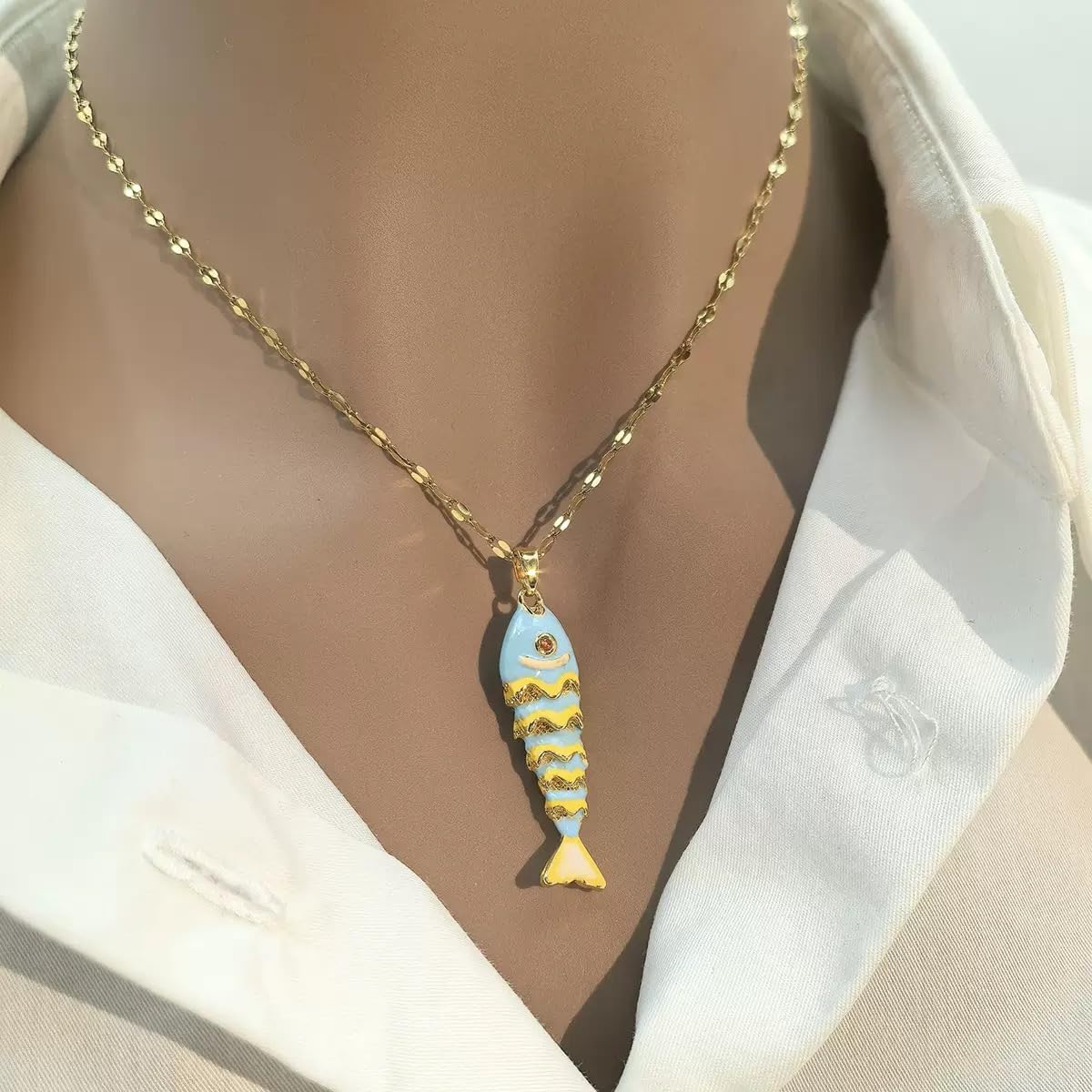 WSTWYC Color Fish Necklace for Women,Dainty Lucky Fish Pendant Necklaces Summer Ocean Minimalist Jewelry gift (blue)