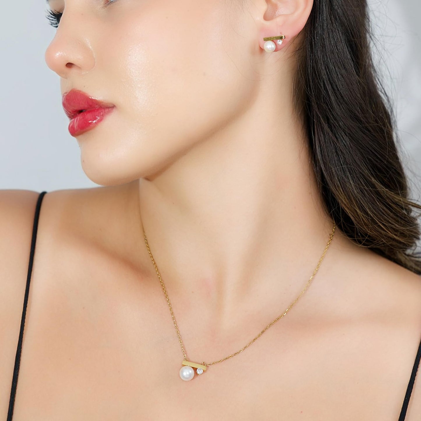 GLOSSET Gold Pearl Necklace and Earring Set, 18K Gold Plated Earrings and Necklace Set for Women, Dainty Freshwater Pearl and Cubic Zirconia Set Jewelry for Women Gift (Gold - Balance Bar)