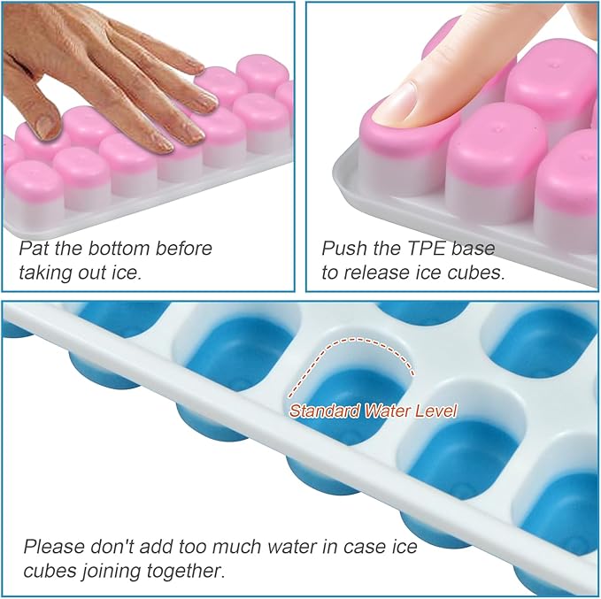 Ice Cube Tray with Lid, Easy-Release, Flexible, Ice Cube Tray, Spill-Resistant, for Freezer, Cocktail, Drinks, Coffee, 2 Pack 28 Pcs, Pink, 1.1x2.8x7.2 in
