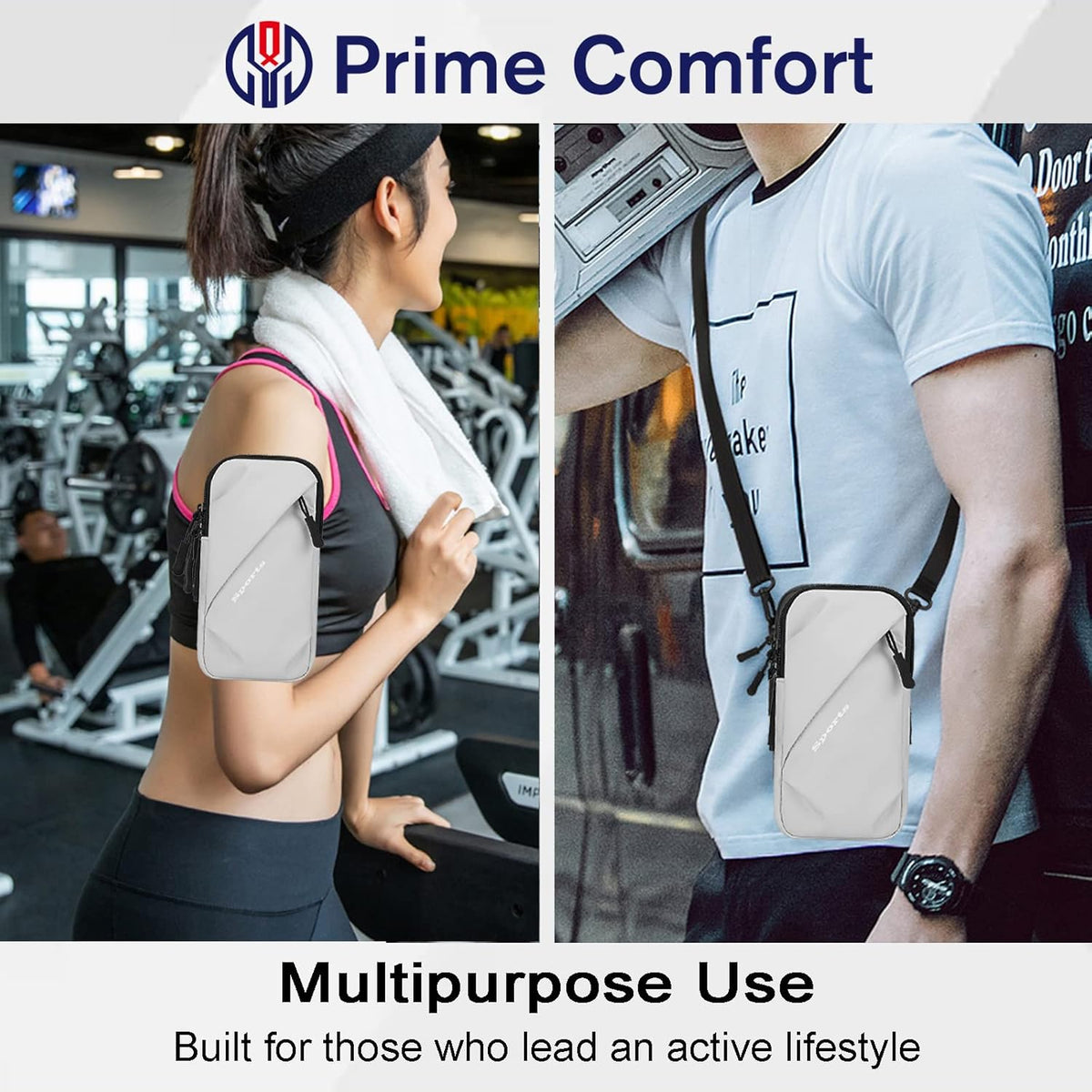 Phone Holder Arm Bands, Small Crossbody Shoulder Holsters Bag with Arm Band, Fits iPhone and All Cell Phones, Use for Running, Walking, Hiking & Biking (Plus Size,Grayish White)