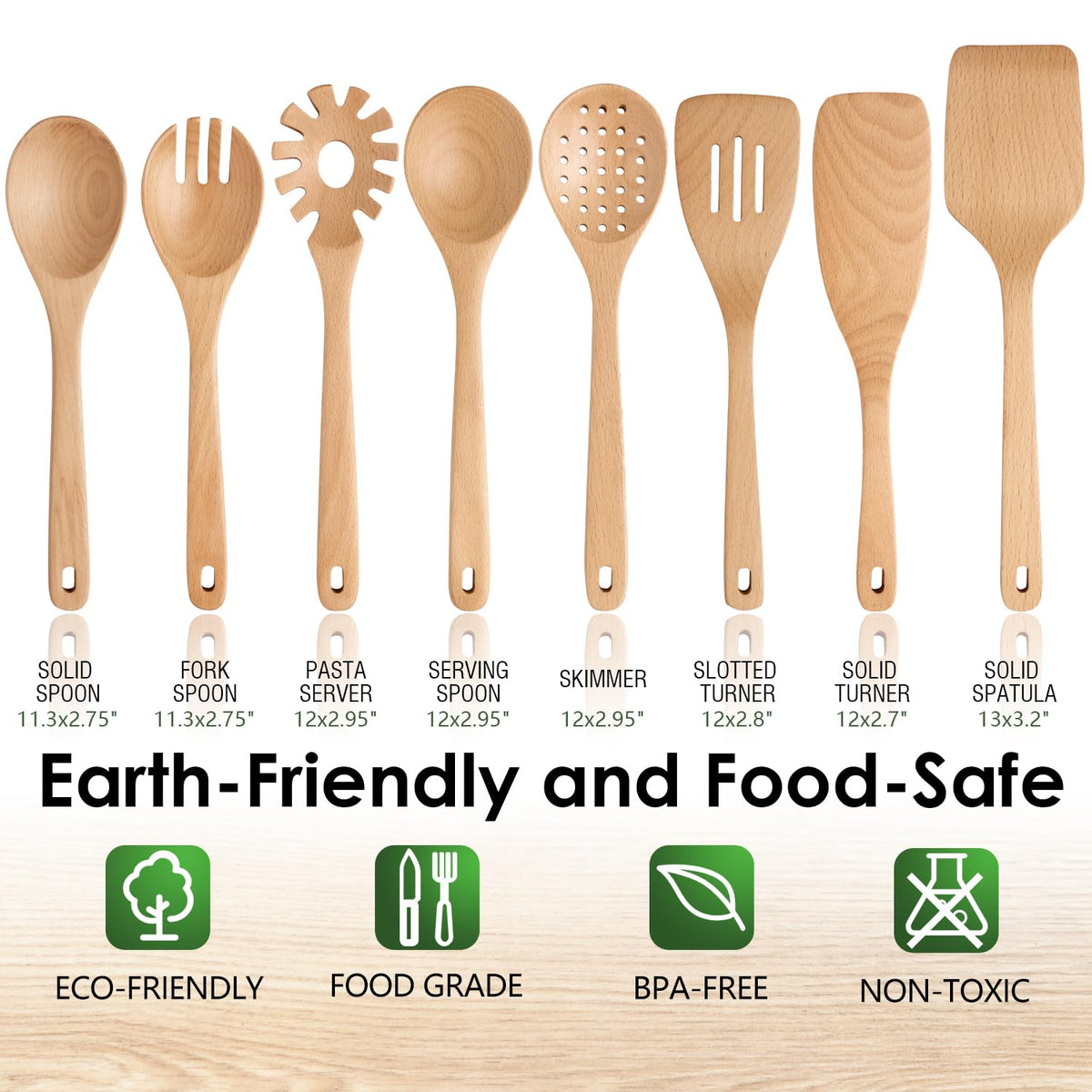 Wooden Spoons for Cooking, 8 Pcs Beech Wood Wooden Kitchen Cooking Spoon Utensil Tools Set Includes Spatula Skimmer Pasta Scoop Non-Stick Cookware Safe by HOWHONG