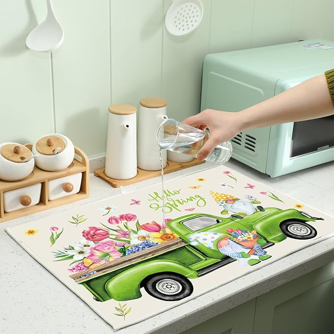 Teenyyou 4 Pcs Seasonal Dish Drying Mats for Kitchen 24"x 16" Winter Holiday Microfiber Absorbent Washable Drainer Mat for Counter Spring Summer Fall Home Accessories Decoration(Truck)