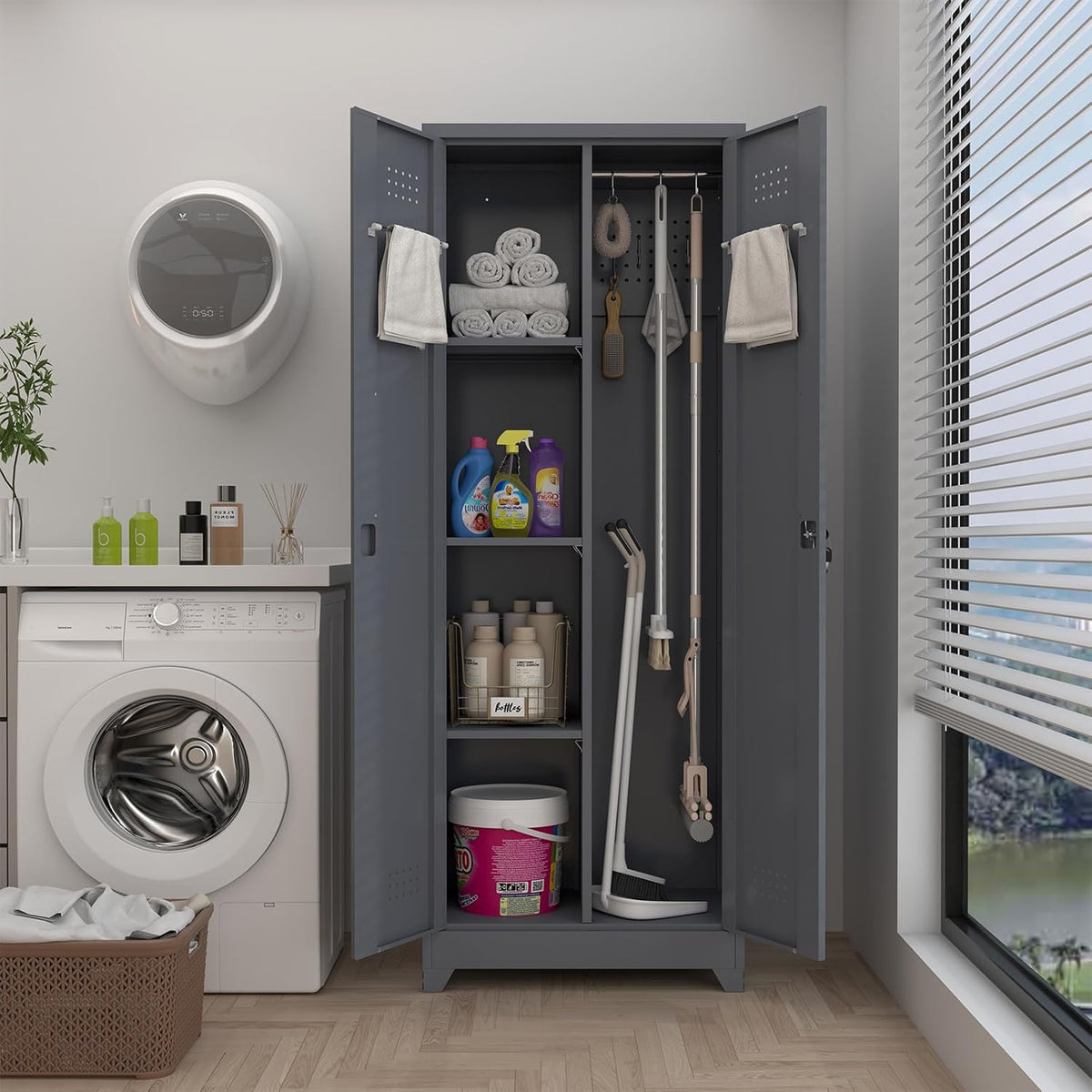 GREATMEET 65" H Metal Garage Storage Cabinets with Lock Door and Adjustable Shelves,Grey Broom Closet Storage Cabinet for Cleaning Supplies for Garage, Bathroom,Kitchen,Home
