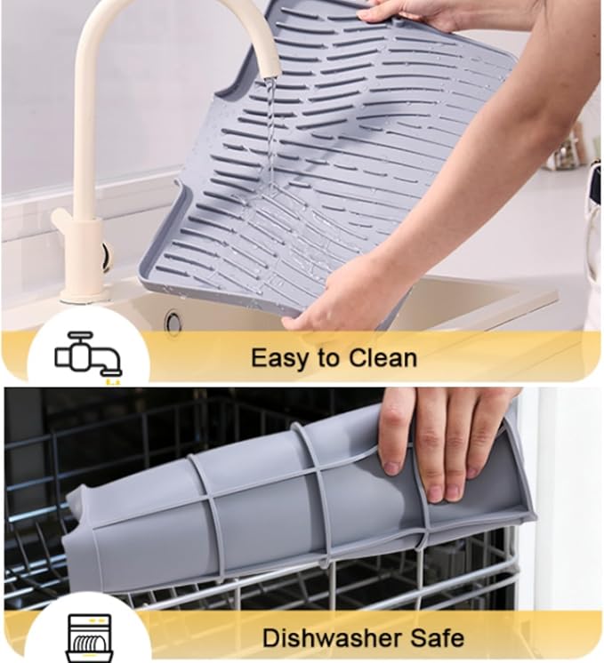 Silicone Dish Drying Mat for Kitchen Counter Sink,16"x13" Gray Rubber Dish Drying Mat with Drain Lip & Lanyard,Non-Slip dish drying Pad,silicone drying mat easy clean dish drain mat