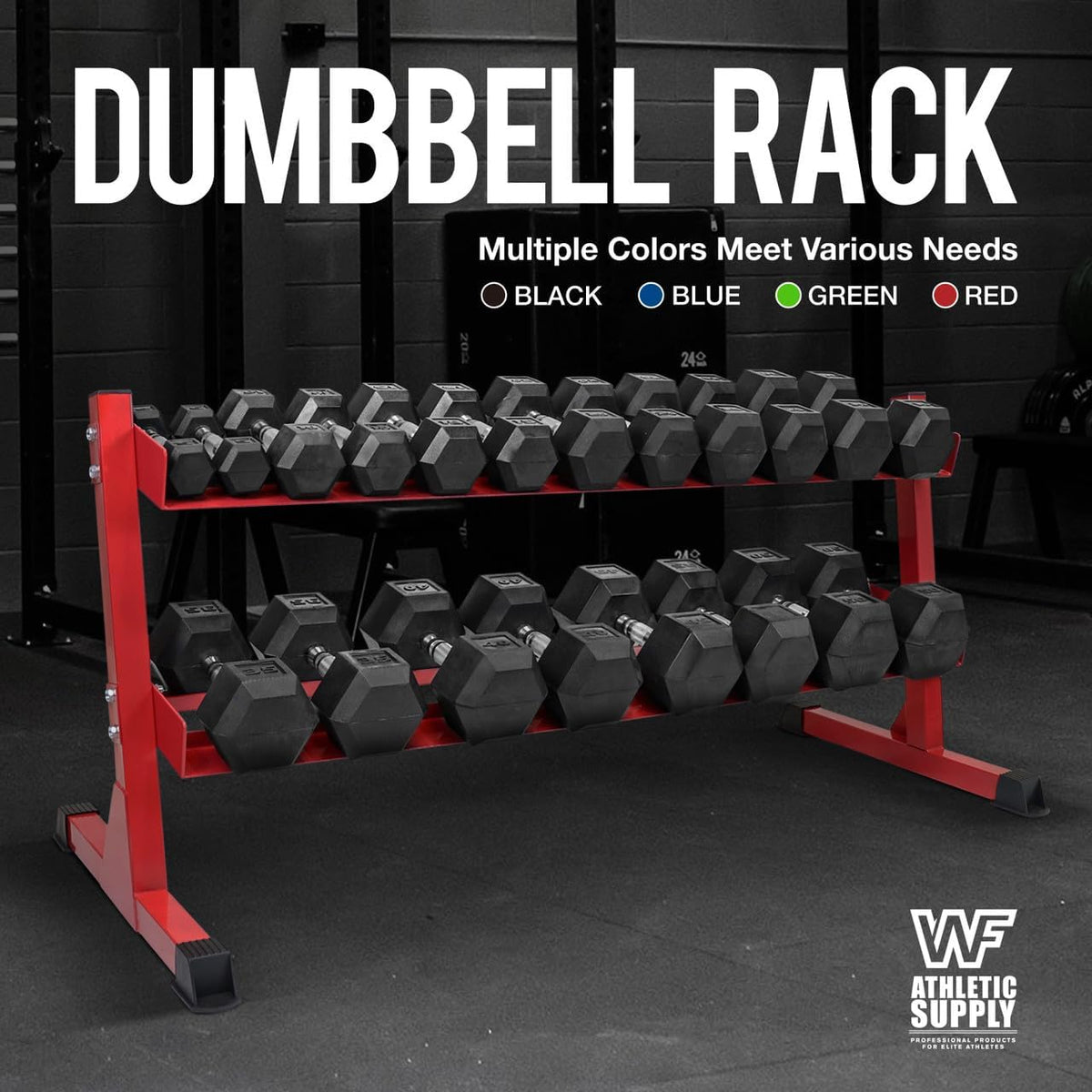 WF Athletic Supply Heavy-Duty Dumbbell Rack Stand, Weight Rack for Home Gym, Weight Holder, Available Sizes for Storage 5-50LB or 5-75LB Dumbbell Pairs, Black/Red/Green/Blue, RACK ONLY