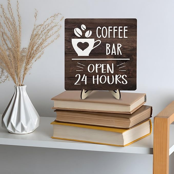 Coffee Bar Sign Plaque Decor, Vintage Farmhouse Kitchen Counter Sign for Coffee Station Kitchen Office,Cafe Bar Accessories, Open 24 Hours Mini Bar Decor(Brown4, 5.9x5.9inches)