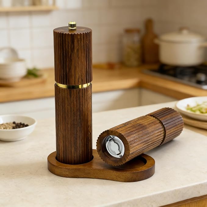 8 Inch Wooden Salt and Pepper Grinder Set, Adjustable Coarseness, Acacia Wood Pepper Mill Manual, Salt and Pepper Shakers Matching Wooden Tray, Multi Purpose Grinder