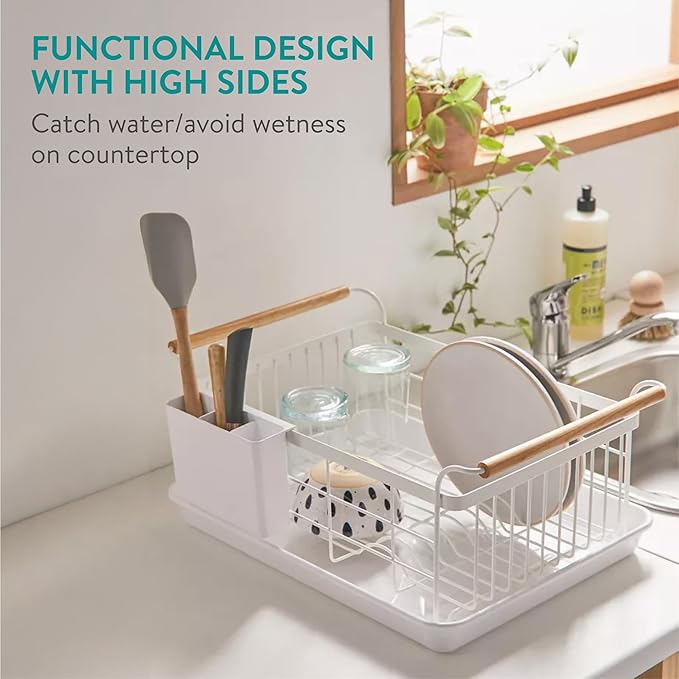 Navaris Dish Drainer Rack - Plate, Silverware, Pots and Pans - Dish Rack with Beechwood Handles - Metal Dish Drying Rack for Kitchen Counter - Modern Retro Design Dish Rack - White