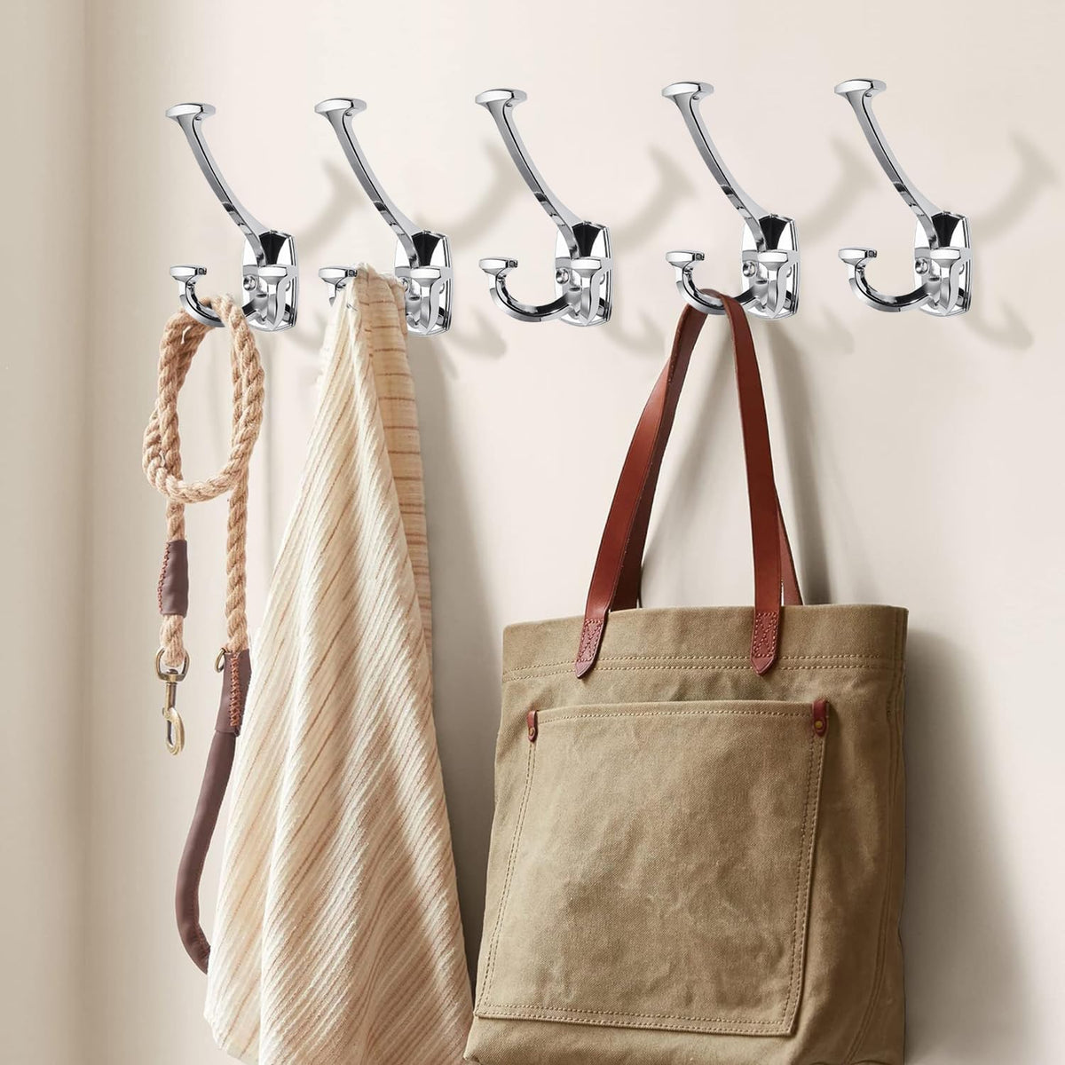 Large Wall Double-Sided Hook 5 Pack Polished Chrome Hook Decorative Heavy Duty Solid Large Coat Hooks for Towel Hanging Coats Robe Towel Bags Door Back 2 Prong Hooks