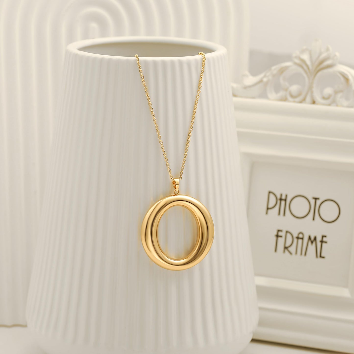 Long Gold Necklace for Women 18K Gold Plated Large Circle Pendant Adjustable Chain Necklace Trendy Dainty Jewelry