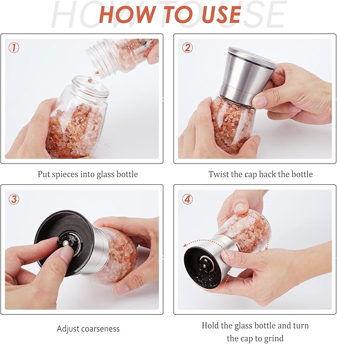 Ebaco Salt and Pepper Grinder Set - Refillable Grinder Adjustable Coarseness of Pepper Salt Spice Stainless Steel Mills Glass 6oz(2 Pack)