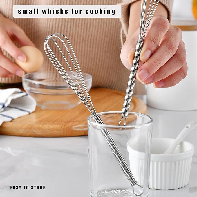 Digead Mini Wire Whisk, 8 Inch Small Whisk for Cooking - Ergonomic Spiral Handle, 304 Stainless Steel - Ideal for Whisking, Beating, Blending & Mixing Sauces - Silver