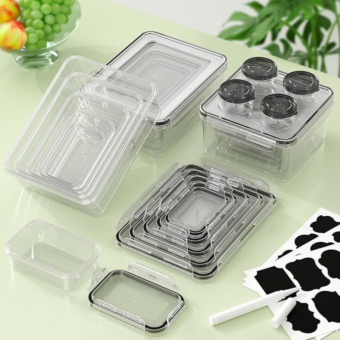 KEMETHY 36-Piece Food Storage Containers with Lids(18 Container & 18 Lid), Plastic Food Containers for Pantry & Kitchen Storage and Organization, BPA-Free, Leak Proof, Reusable with Labels & Pen