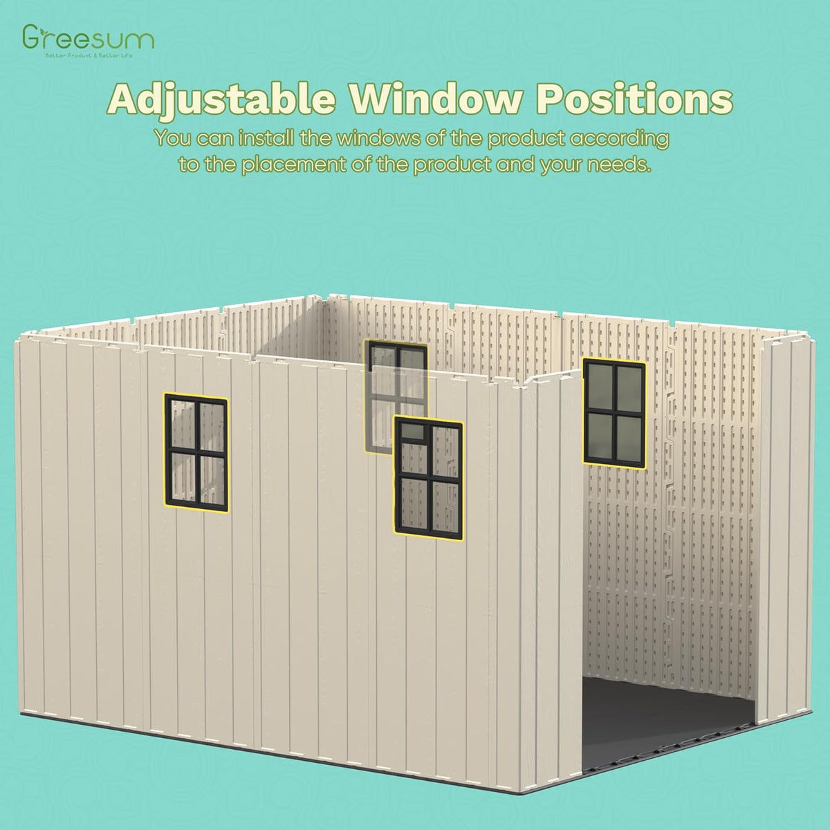 Greesum 8×12 FT Plastic Outdoor Storage Shed with Floor, Resin Sheds with Window and Lockable Door, Weather Resistant Organization for Garden, Lawn, Pool Supplies, Beige